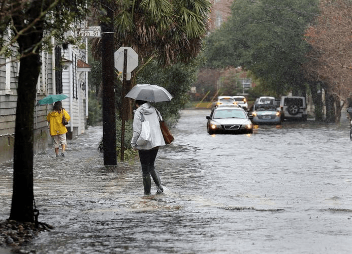 Pedestrians with umbrellas wading through a flooded street on Smith Street in downtown Charleston, South Carolina, during heavy coastal rain and tidal flooding.