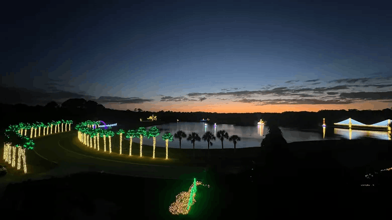Wide aerial night view of the Holiday Festival of Lights at James Island County Park in Charleston, South Carolina, featuring glowing light-up palm trees along the waterfront.