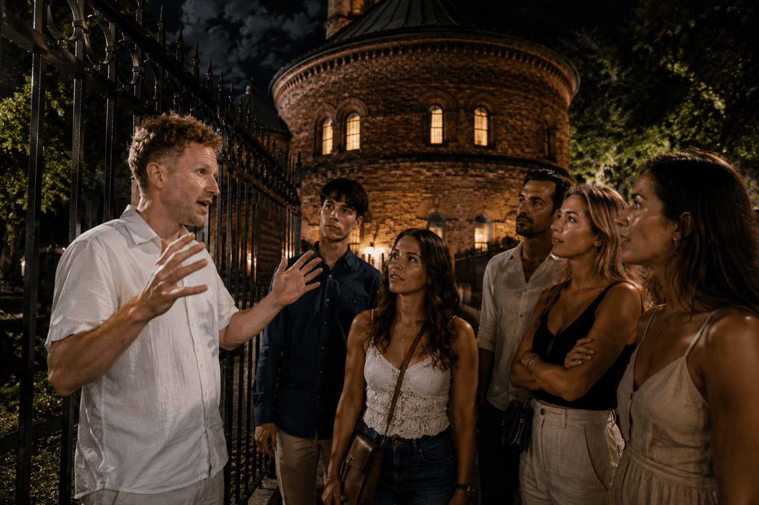 A tour guide explaining history to a small group of interested visitors at night outside a wrought iron fence, with a lit-up historic circular brick tower in the background.