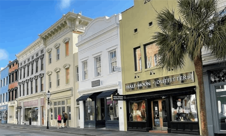 Colorful storefronts on historic King Street in Charleston, South Carolina, featuring Half-Moon Outfitters.