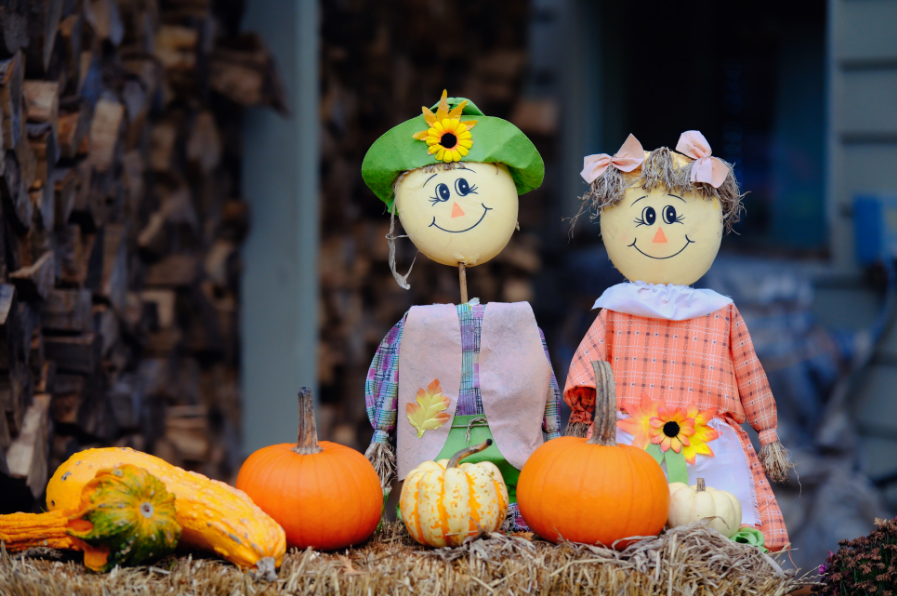 Delightful fall scene featuring scarecrow couple with pumpkins, gourds, and autumn decorations.