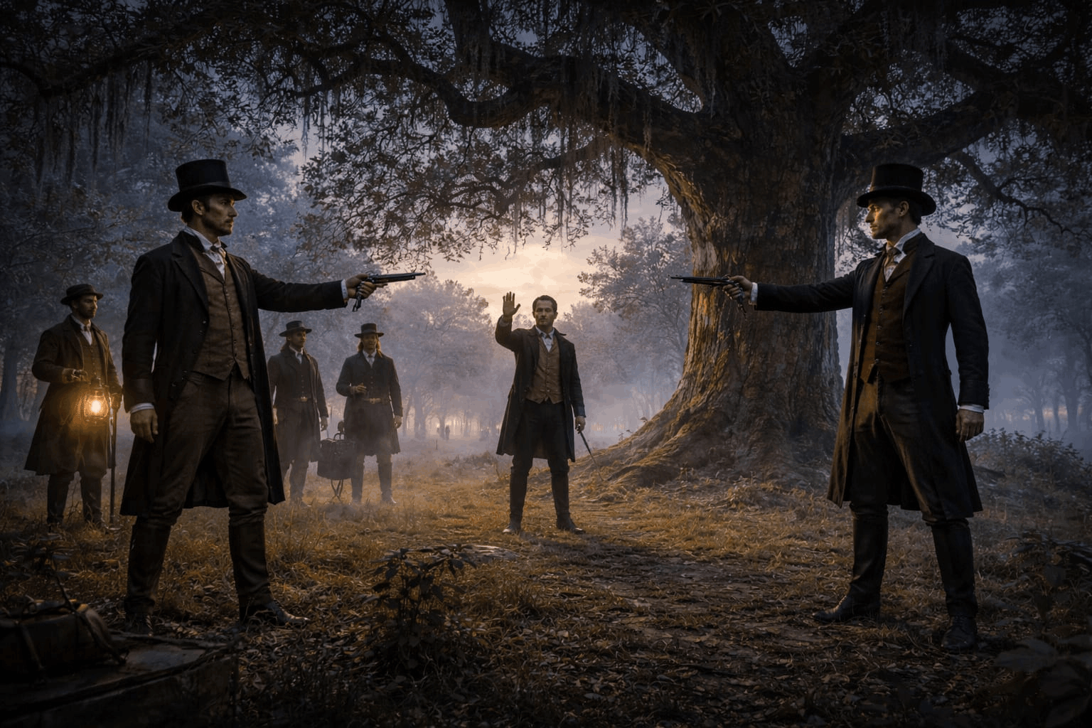 A dramatic historical duel at dawn under a massive oak tree with Spanish moss. Two men in long coats and top hats point flintlock pistols at each other while a referee and seconds watch in a foggy woods setting.